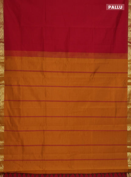 Semi silk cotton saree red and mustard yellow with plain body and zari woven border
