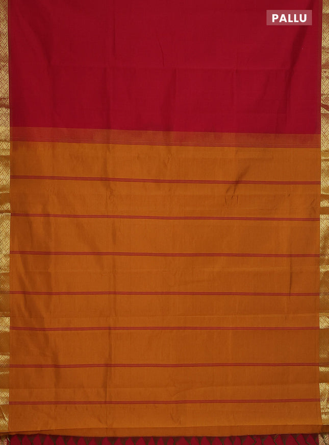 Semi silk cotton saree red and mustard yellow with plain body and zari woven border