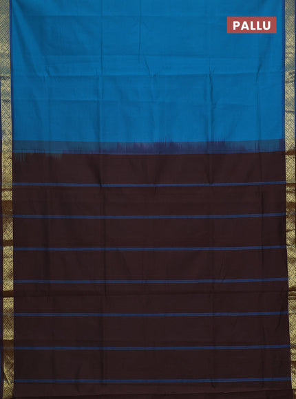 Semi silk cotton saree teal blue and brown with plain body and zari woven border