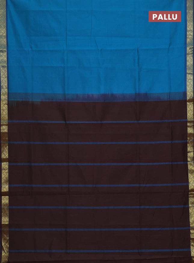 Semi silk cotton saree teal blue and brown with plain body and zari woven border