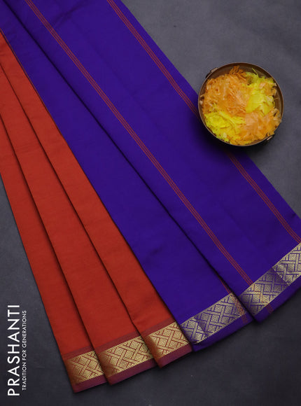 Semi silk cotton saree rustic orange and violet with plain body and zari woven border