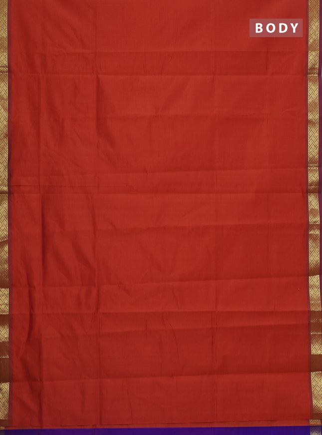 Semi silk cotton saree rustic orange and violet with plain body and zari woven border