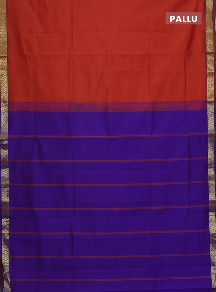 Semi silk cotton saree rustic orange and violet with plain body and zari woven border