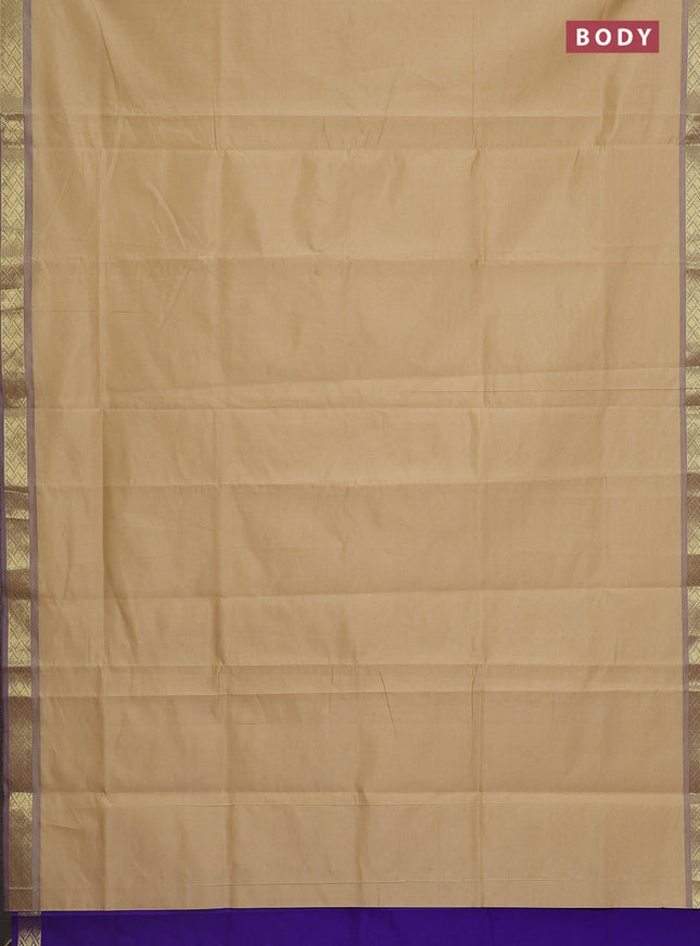 Semi silk cotton saree sandal and violet with plain body and zari woven border