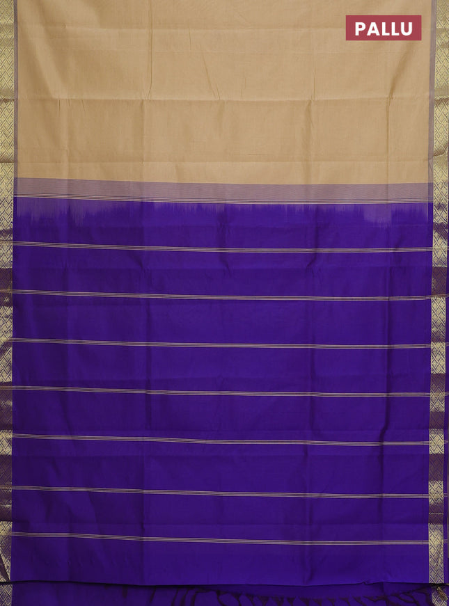 Semi silk cotton saree sandal and violet with plain body and zari woven border