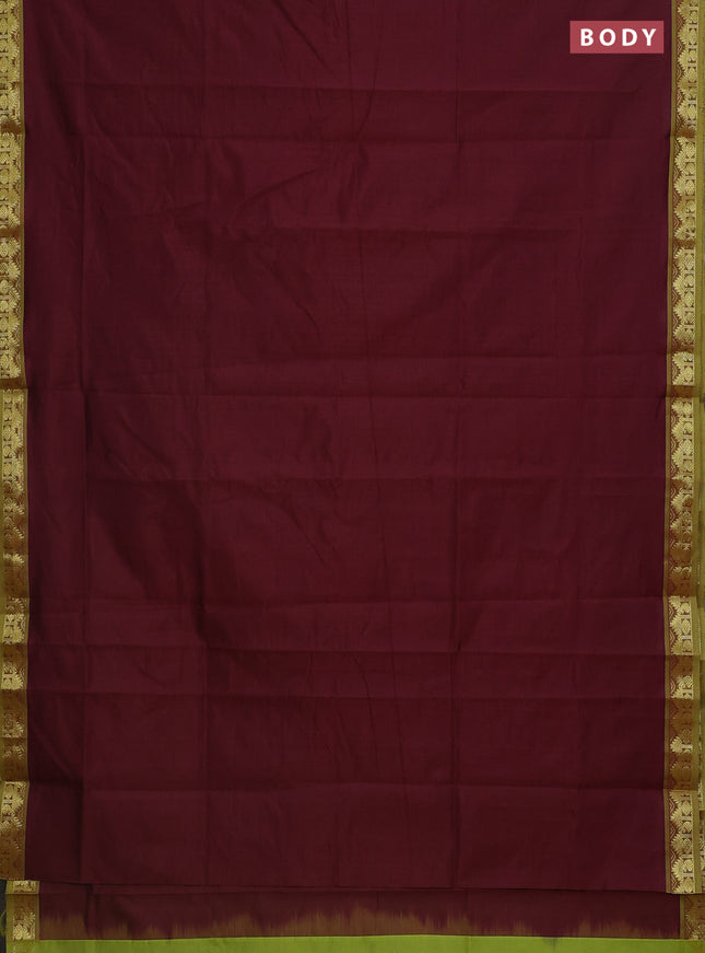 Semi silk cotton saree maroon and light green with plain body and zari woven border