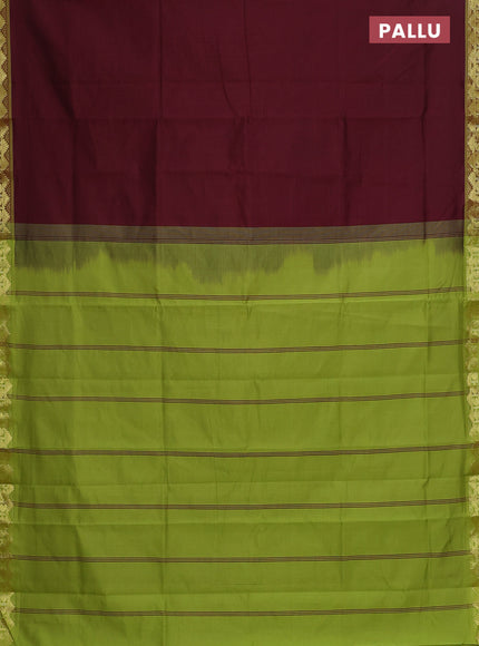 Semi silk cotton saree maroon and light green with plain body and zari woven border