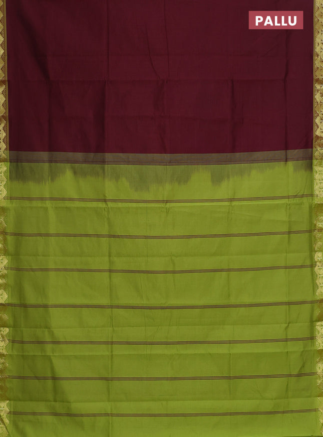 Semi silk cotton saree maroon and light green with plain body and zari woven border