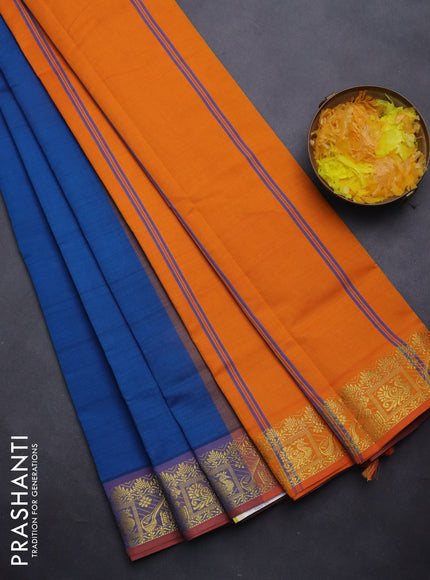 Semi silk cotton saree peacock blue and orange with plain body and zari woven border