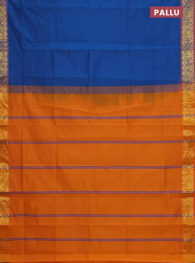 Semi silk cotton saree peacock blue and orange with plain body and zari woven border