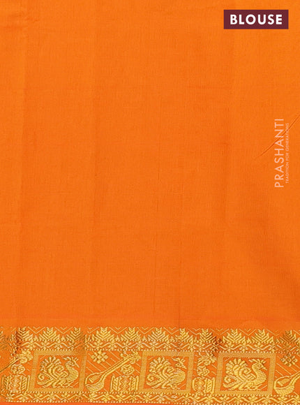 Semi silk cotton saree peacock blue and orange with plain body and zari woven border