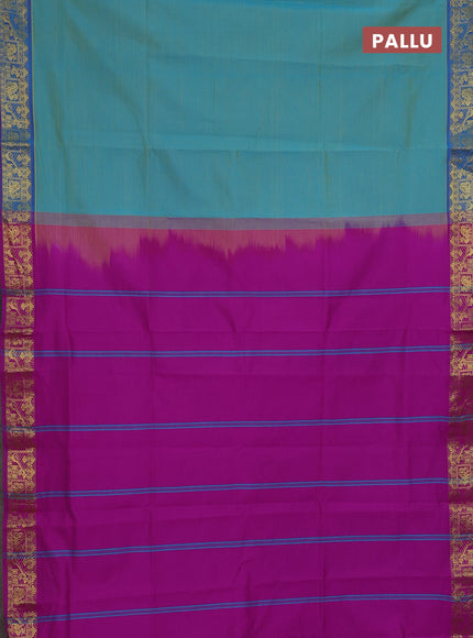 Semi silk cotton saree dual shade of teal blue and purple with plain body and zari woven border