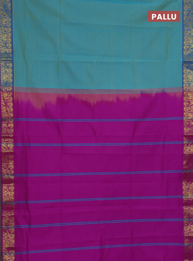 Semi silk cotton saree dual shade of teal blue and purple with plain body and zari woven border