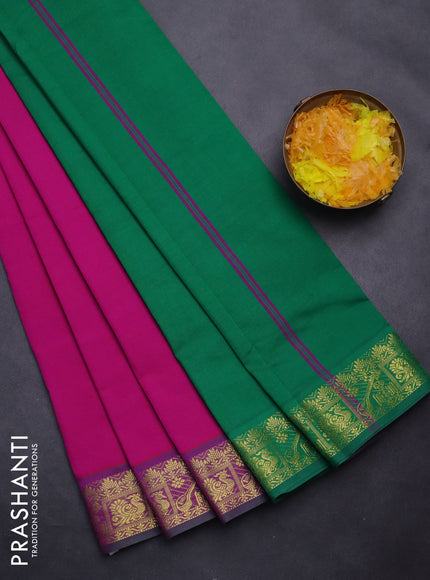 Semi silk cotton saree magenta pink and green with plain body and zari woven border