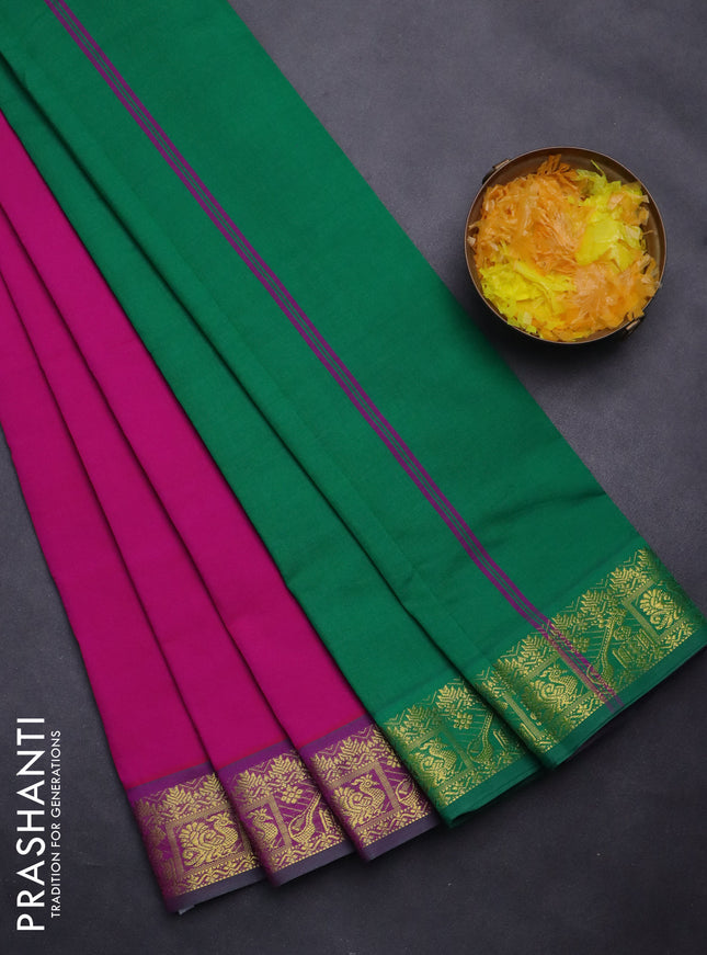 Semi silk cotton saree magenta pink and green with plain body and zari woven border
