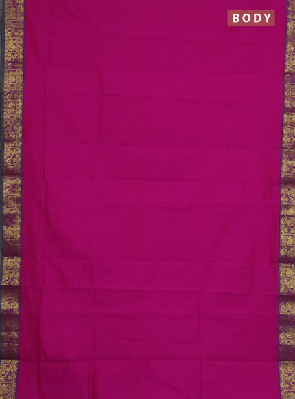 Semi silk cotton saree magenta pink and green with plain body and zari woven border