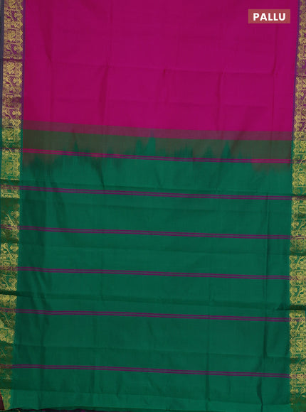 Semi silk cotton saree magenta pink and green with plain body and zari woven border