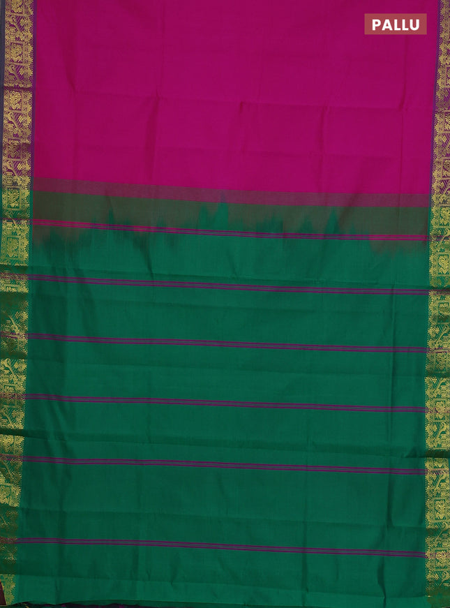 Semi silk cotton saree magenta pink and green with plain body and zari woven border