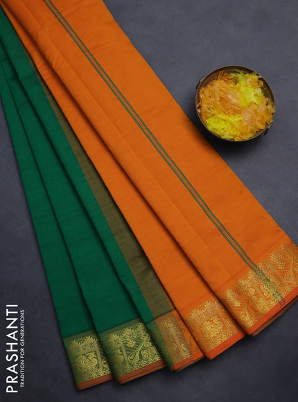 Semi silk cotton saree green and orange with plain body and zari woven border