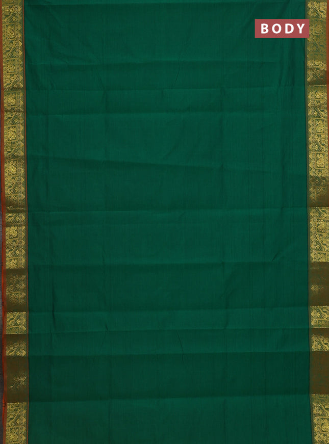 Semi silk cotton saree green and orange with plain body and zari woven border