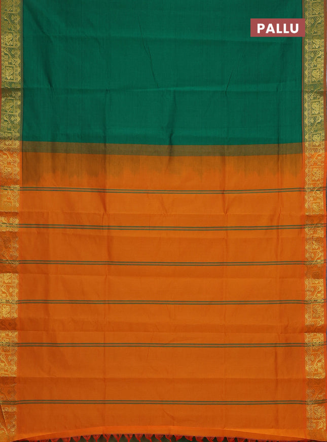 Semi silk cotton saree green and orange with plain body and zari woven border