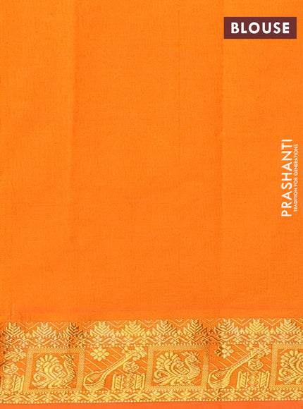 Semi silk cotton saree green and orange with plain body and zari woven border