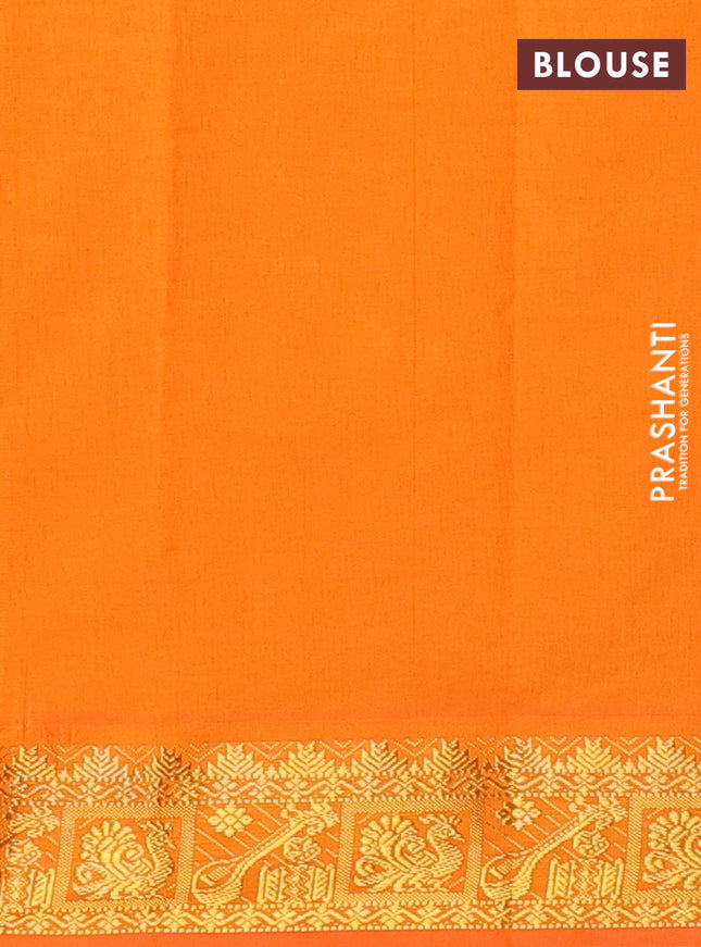 Semi silk cotton saree green and orange with plain body and zari woven border