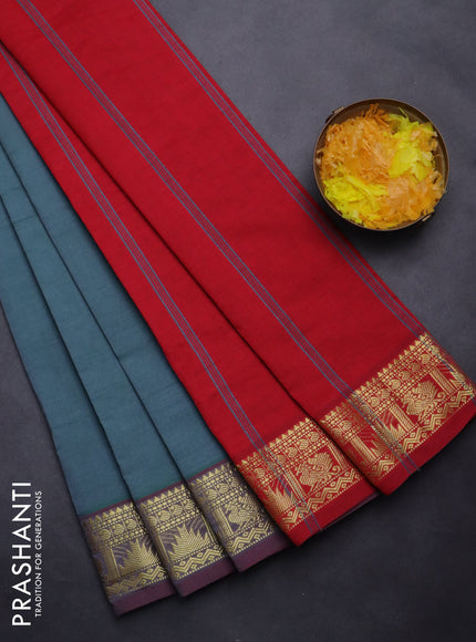 Semi silk cotton saree dual shade of green shade and red with plain body and temple & annam zari woven border
