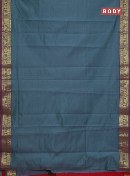 Semi silk cotton saree dual shade of green shade and red with plain body and temple & annam zari woven border