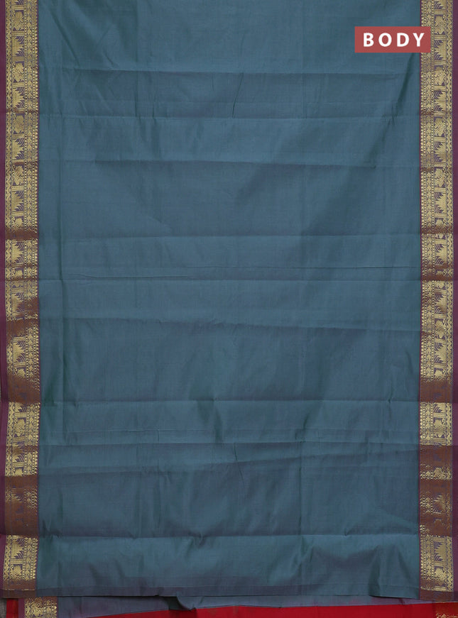 Semi silk cotton saree dual shade of green shade and red with plain body and temple & annam zari woven border