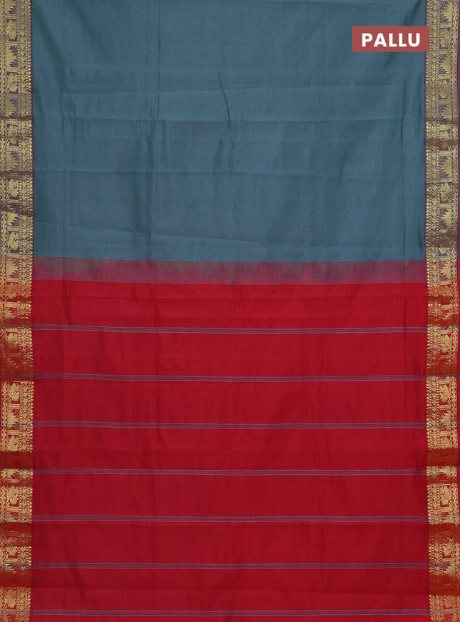 Semi silk cotton saree dual shade of green shade and red with plain body and temple & annam zari woven border