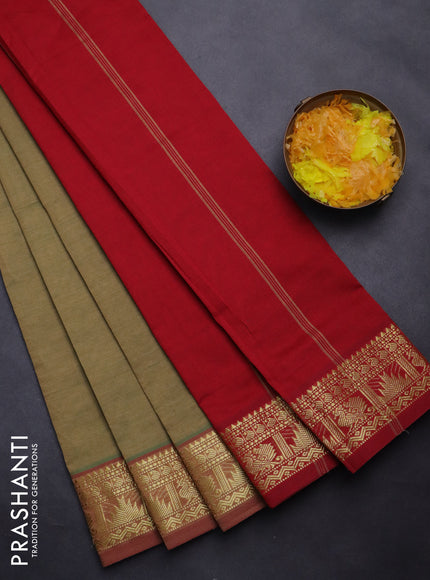 Semi silk cotton saree dual shade of greenish sandal and red with plain body and temple & annam zari woven border