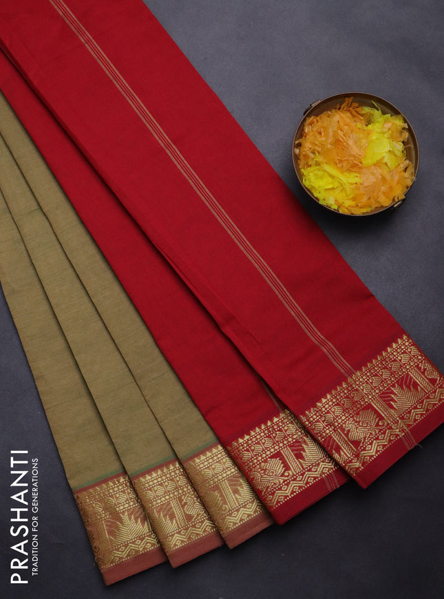 Semi silk cotton saree dual shade of greenish sandal and red with plain body and temple & annam zari woven border