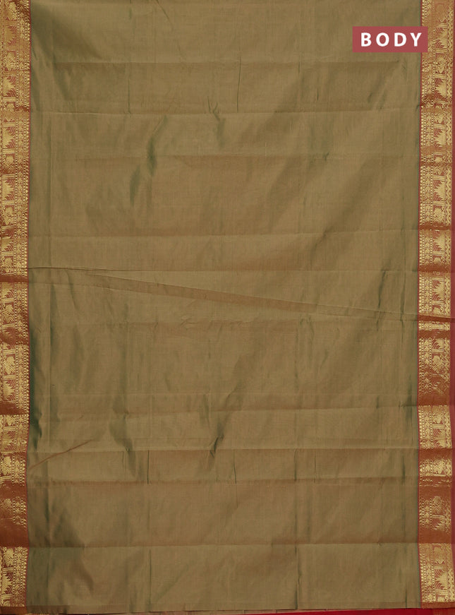 Semi silk cotton saree dual shade of greenish sandal and red with plain body and temple & annam zari woven border