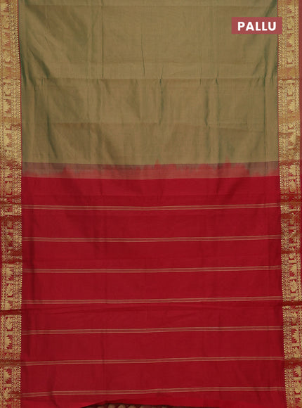 Semi silk cotton saree dual shade of greenish sandal and red with plain body and temple & annam zari woven border
