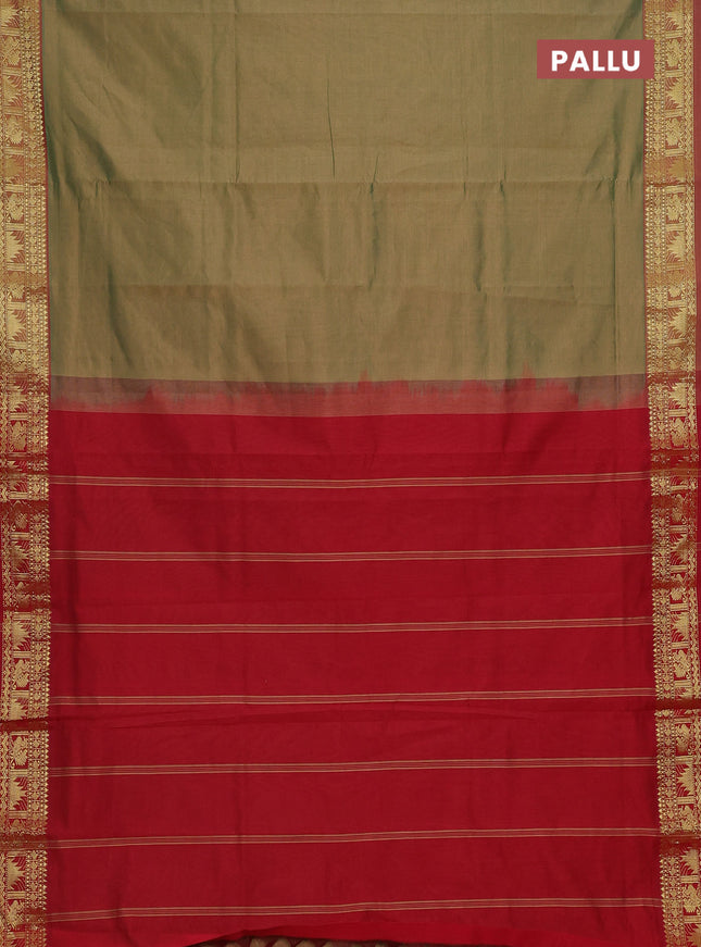 Semi silk cotton saree dual shade of greenish sandal and red with plain body and temple & annam zari woven border