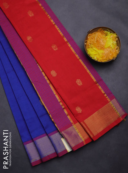Semi silk cotton saree blue and red with zari woven buttas and zari woven border