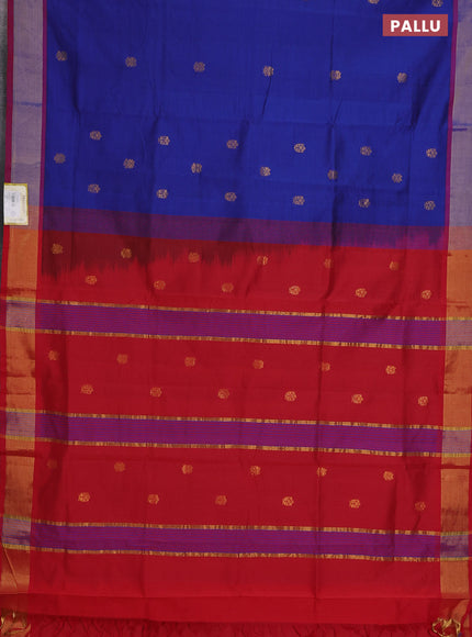 Semi silk cotton saree blue and red with zari woven buttas and zari woven border