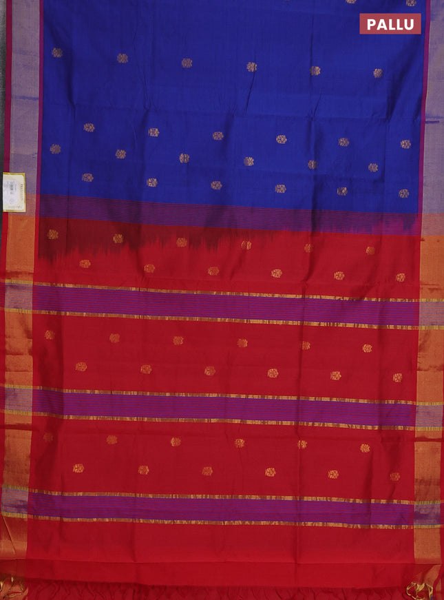 Semi silk cotton saree blue and red with zari woven buttas and zari woven border