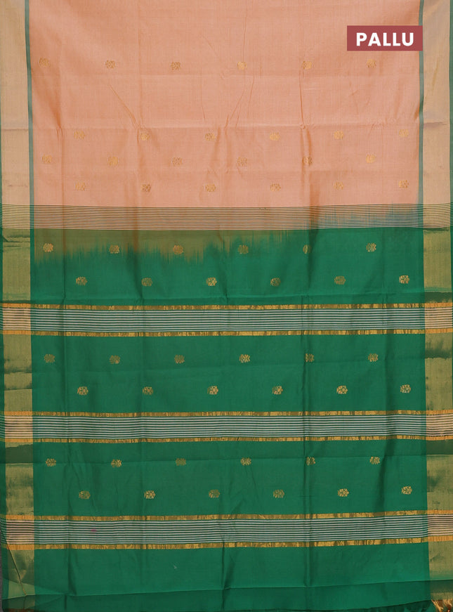 Semi silk cotton saree pale orange and green with zari woven buttas and zari woven border