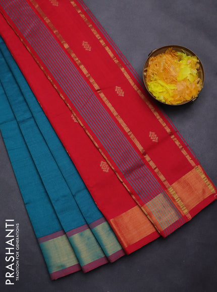 Semi silk cotton saree peacock blue and red with zari woven buttas and zari woven border