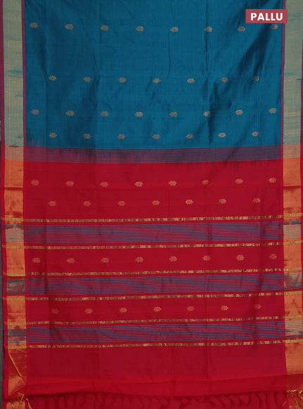 Semi silk cotton saree peacock blue and red with zari woven buttas and zari woven border