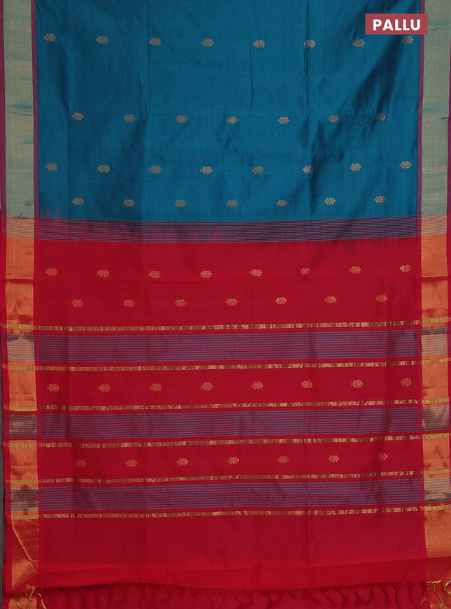 Semi silk cotton saree peacock blue and red with zari woven buttas and zari woven border