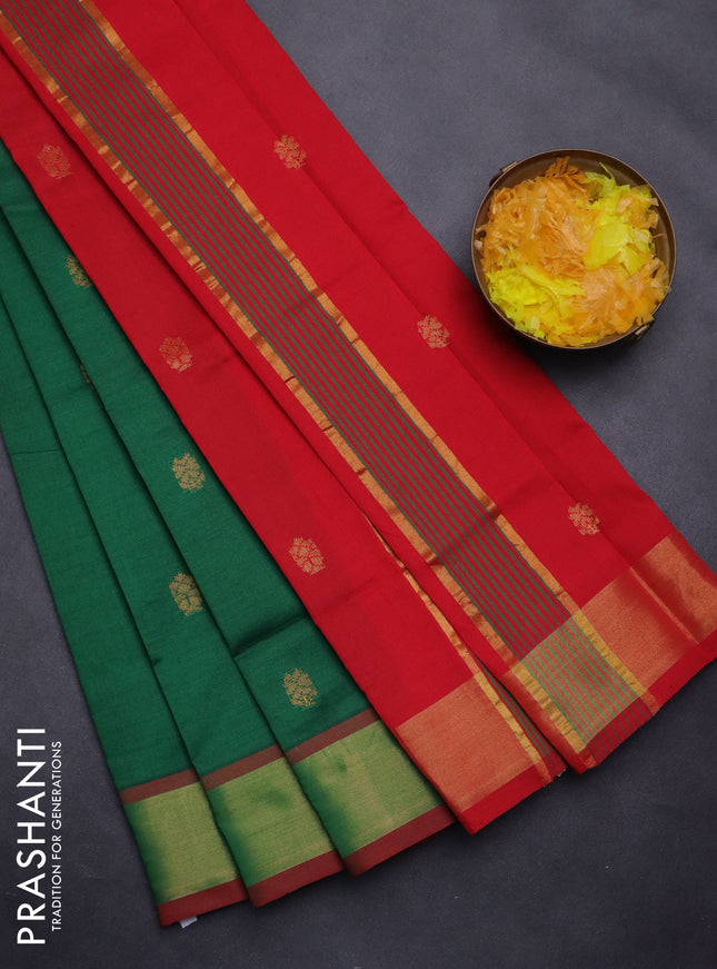 Semi silk cotton saree green and red with zari woven buttas and zari woven border