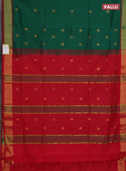 Semi silk cotton saree green and red with zari woven buttas and zari woven border