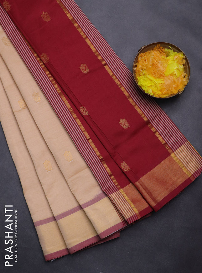 Semi silk cotton saree sandal and maroon with zari woven buttas and zari woven border