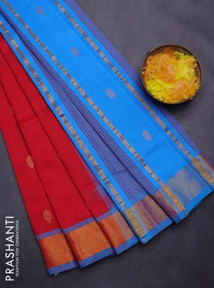 Semi silk cotton saree red and blue with zari woven buttas and zari woven border