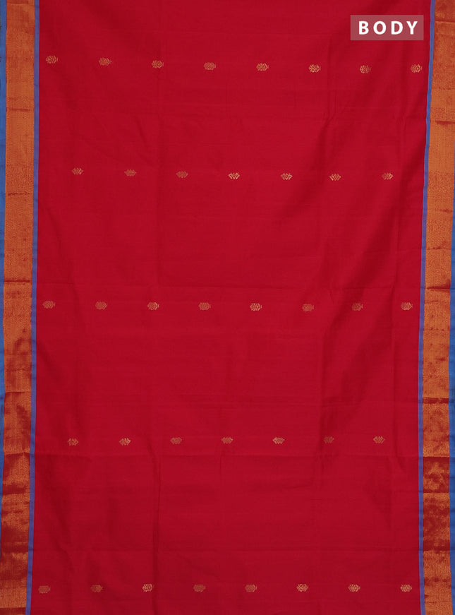 Semi silk cotton saree red and blue with zari woven buttas and zari woven border