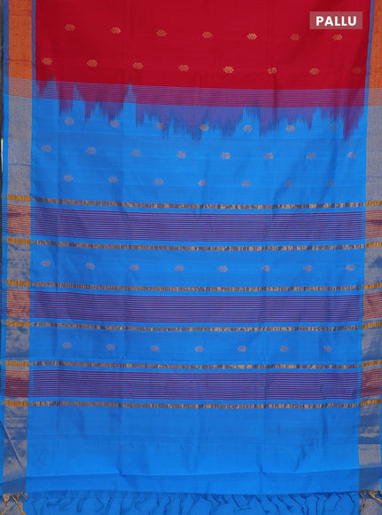 Semi silk cotton saree red and blue with zari woven buttas and zari woven border