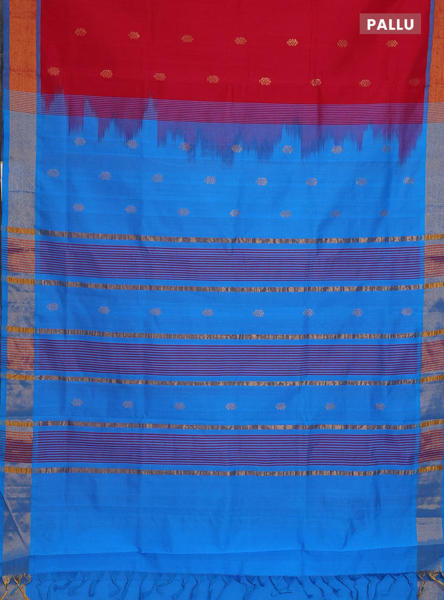 Semi silk cotton saree red and blue with zari woven buttas and zari woven border